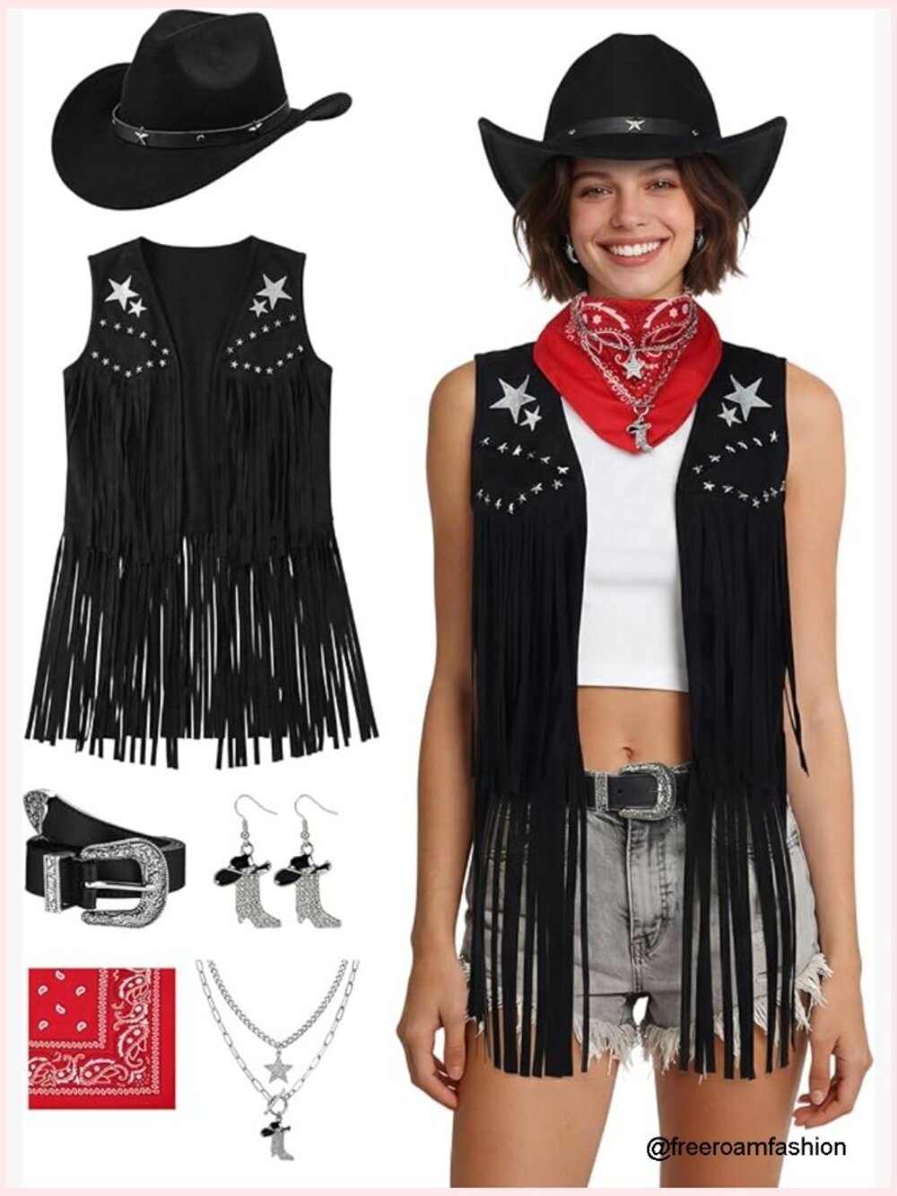 7pc Cowgirl Outfit Set Vest Hat Belt Bandana Earrings Necklace Western Costume